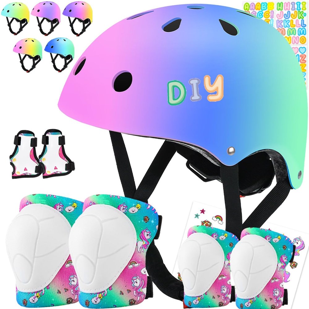 Comforhous Color Gradient Kids Bike Helmet and Pads Adjustable Helmet for Kids Protective Gear Set with Elbow Knee Pads Wrist Guards for Cycling Bicycle