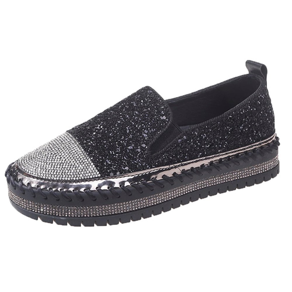 EBEZCPRK Women's Fashion Glitter Slip On Sneakers,Casual Fashion Slip-On Sparkle Bling Flat Loafers, Women Rhinestone Platform Loafers (Black,6)