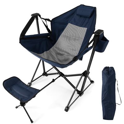 KOTEK Hammock Chair, Portable Camping Chair with Retractable Footrest, Adjustable Backrest, Headrest, Cup Holder & Carry Bag, Folding Rocking Chair for Outdoor Lawn Patio Travel Picnic Fishing (Navy)
