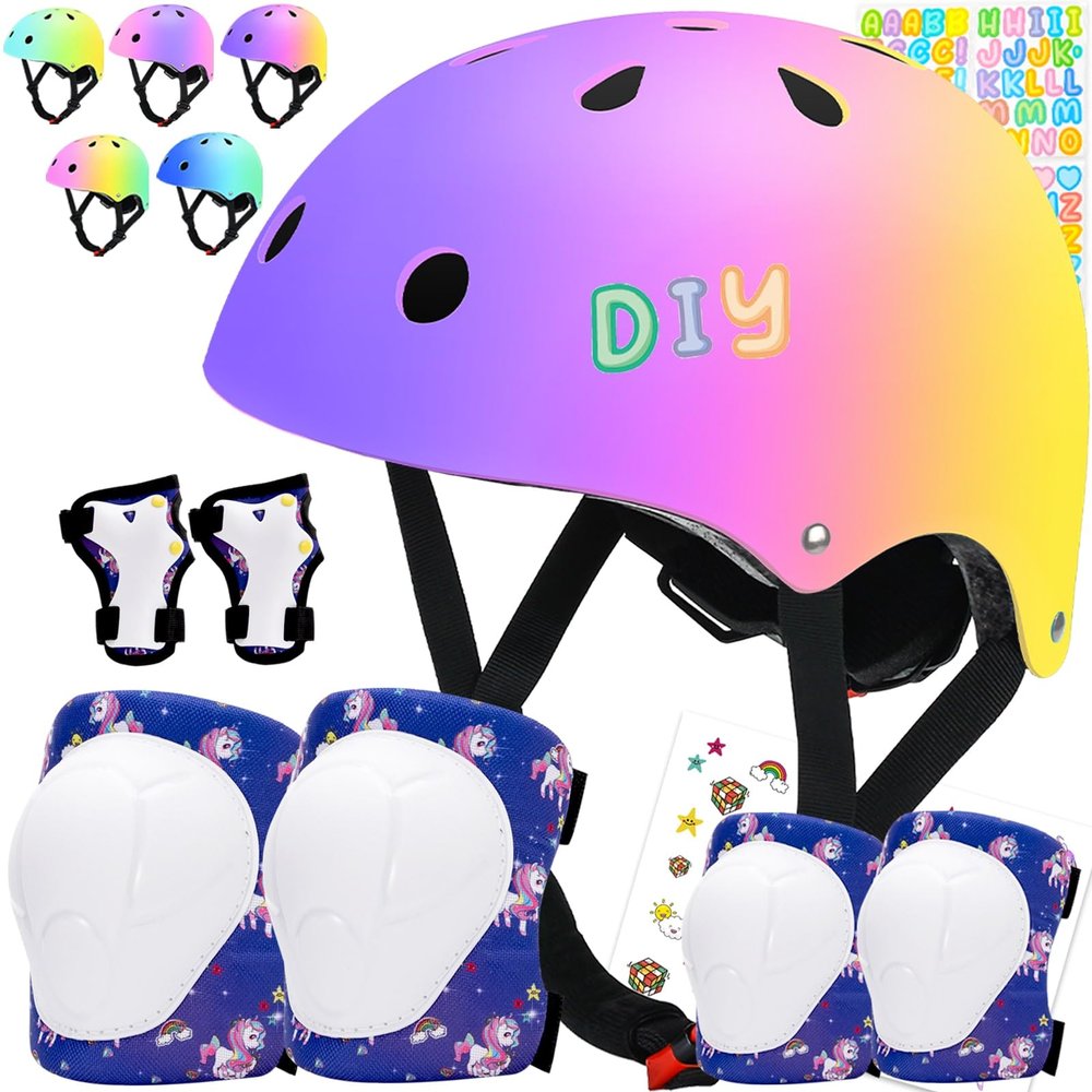 Comforhous Color Gradient Kids Bike Helmet and Pads Adjustable Helmet for Kids Protective Gear Set with Elbow Knee Pads Wrist Guards for Cycling Bicycle