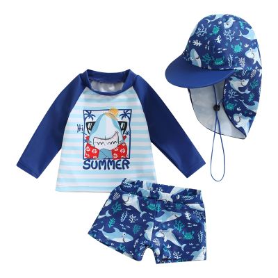 BULINGNA Toddler Baby Boys 3-Pieces Swimsuit Sets Long Sleeve Shark Rash Guard Swimwear Shorts Summer Bathing Suit with Hat (US, Age, 3 Years, 4 Years, Blue Stripe Shark)