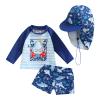 BULINGNA Toddler Baby Boys 3-Pieces Swimsuit Sets Long Sleeve Shark Rash Guard Swimwear Shorts Summer Bathing Suit with Hat (US, Age, 3 Years, 4 Years, Blue Stripe Shark) view 1
