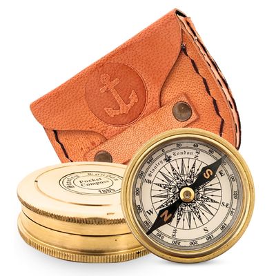 Asian Arts Global Compass Brass with Handmade Leather Case Collectible Decorative Gifting Item, Birthday Gift, Wedding Gift, 2.2 INCH, Antique