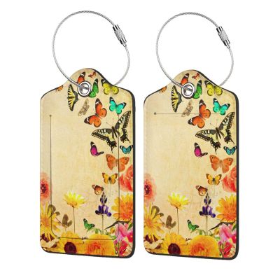 2 Pack Luggage Tag for Suitcase,Colorful Butterfly Flowers PU Leather Suitcase Tags Identifiers with Privacy Name Address Labels Steel Loop for Women Men Travel