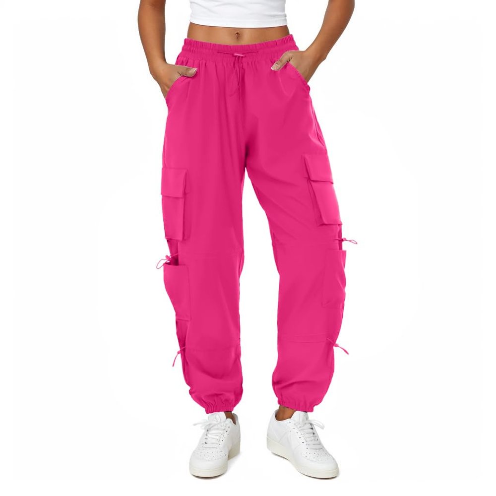 COPYLEAF Womens Parachute Cargo Pants with Pockets Quick Dry Hiking Pants Lightweight Water-Resistant Baggy Joggers(Hot Pink XS)