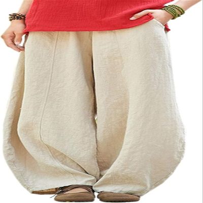 LOAIHA Lantern Pants for Women Cotton Blend Harem Beach Lightweight Tapered Baggy Pants Summer Medium Solid Beige