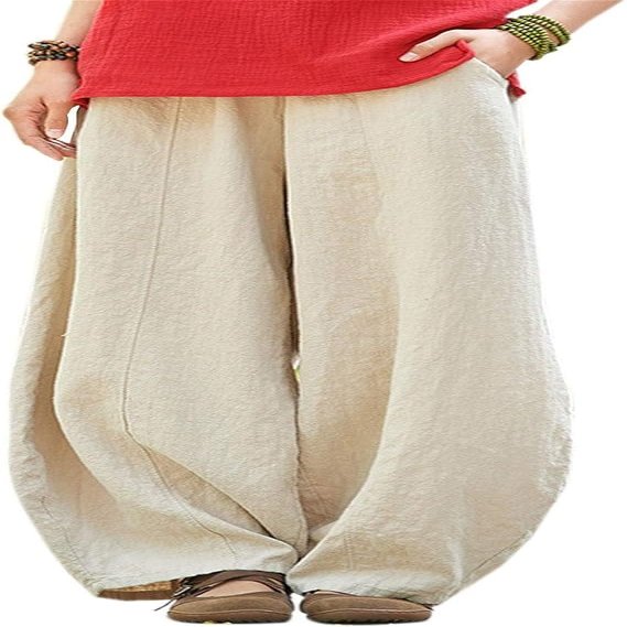 LOAIHA Lantern Pants for Women Cotton Blend Harem Beach Lightweight Tapered Baggy Pants Summer Medium Solid Beige