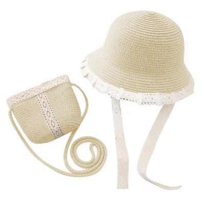 Girls Summer Straw Hat with Cross Body Bag Lovely Princess Buckst Hat Mini Purse Set Baby Girl Beach Sun Cap for Kids Beige