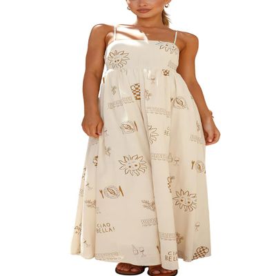 ebossy Spaghetti Strap Floral Print Dress for Women Sleeveless Smocked Cut Out Striped Tiered Maxi Dresses (L, Floral Apricot)