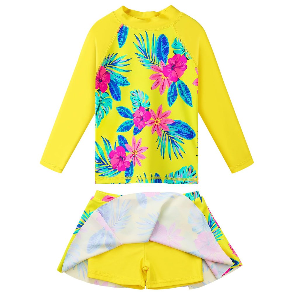 Girl's Two-Piece Long Sleeve Swimsuits UPF50+ Rash Guard Kids Bathing Suit S379_YellowFlower_10A