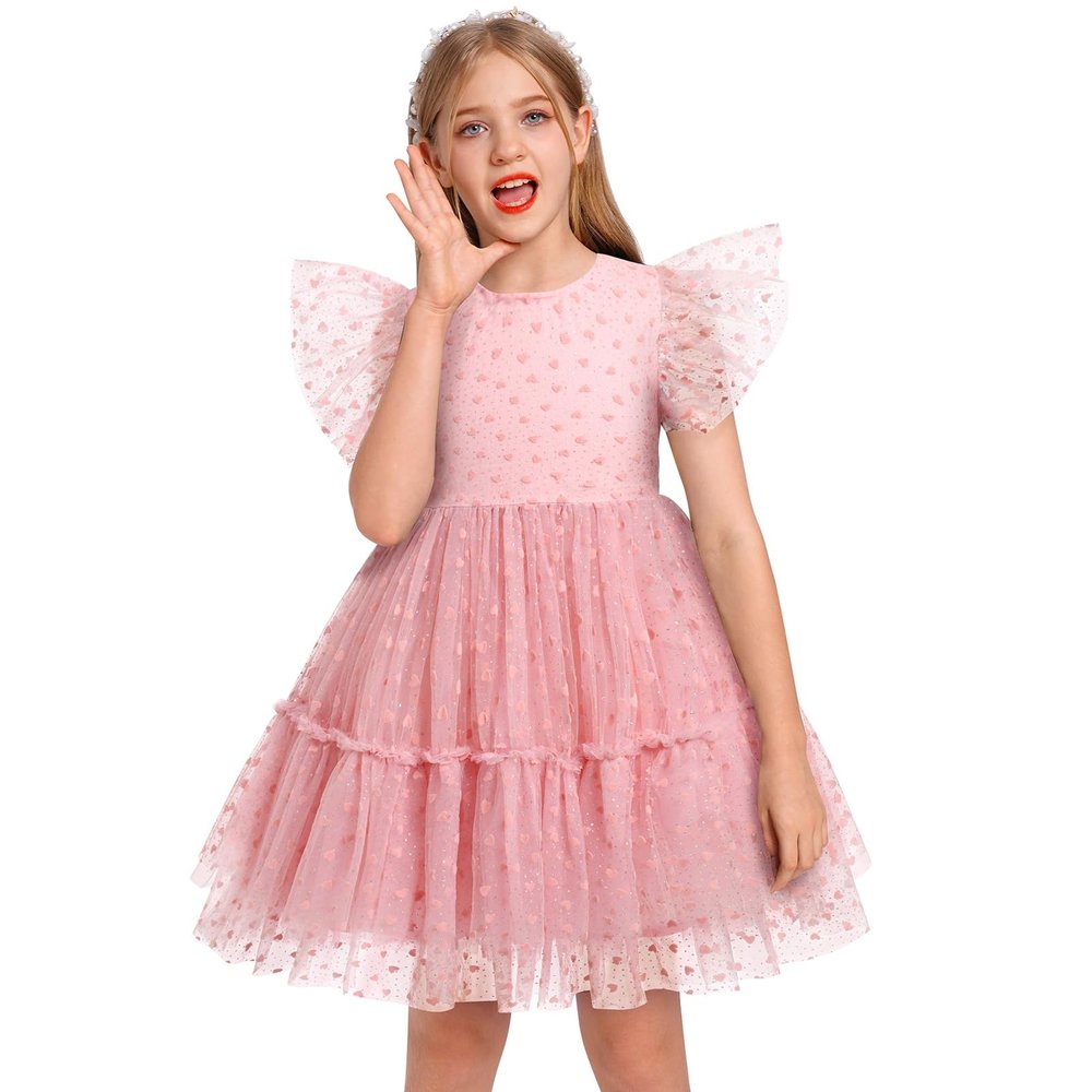 ABEWIP Girls Sequin Tulle Dress Rainbow Star Ruffle Sparkle Toddler Girl Kids Birthday Party Dress Toddler Bridesmaid Wedding Gown Dresses Pink Heart 110/4-5 Years