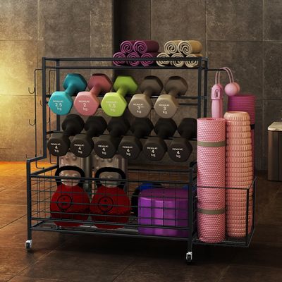 NineFit Basics Yoga Mat Holder, Yoga Mat Storage Rack, Home Gym Storage with Hooks and Wheels,Black
