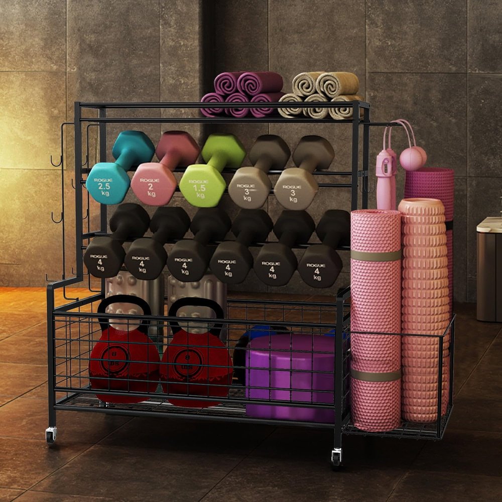 NineFit Basics Yoga Mat Holder, Yoga Mat Storage Rack, Home Gym Storage with Hooks and Wheels,Black