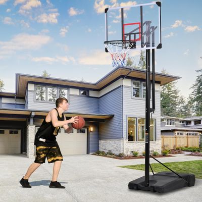 Portable Basketball Hoop Goal with Vertical Jump Measurement, Outdoor Basketball System with 7.5 10ft Height Adjustment in 44'' Backboard for Youth,Audlt, Manual Lifting Basketball Hoop