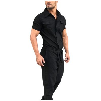 WENKOMG1 Mens Casual Overalls,Short Sleeve Zip Up Coverall Basic Work Wear Casual Slim Fit Jumpsuit Construction Pants,Captain Grand Malo Jacket for Men Long Jacket with Hood(Black,Large)