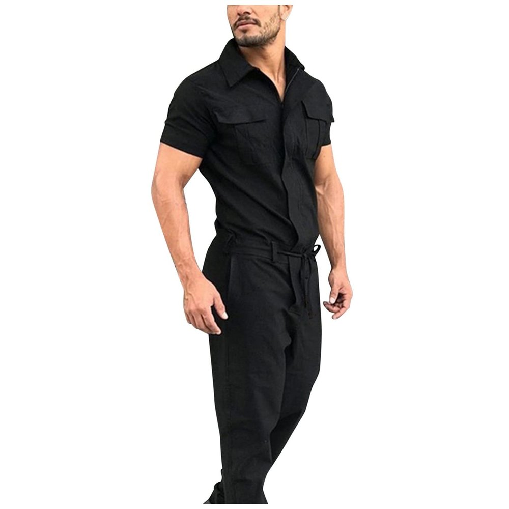 WENKOMG1 Mens Casual Overalls,Short Sleeve Zip Up Coverall Basic Work Wear Casual Slim Fit Jumpsuit Construction Pants,Captain Grand Malo Jacket for Men Long Jacket with Hood(Black,Large)