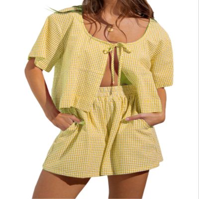 codcm Women Gingham Shorts Set Bow Tie Front Two Piece Summer Lounge Set Y2K Plaid Pajama Set(Yellow,X-Large