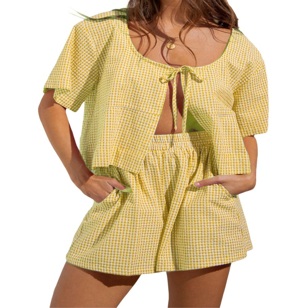 codcm Women Gingham Shorts Set Bow Tie Front Two Piece Summer Lounge Set Y2K Plaid Pajama Set(Yellow,X-Large