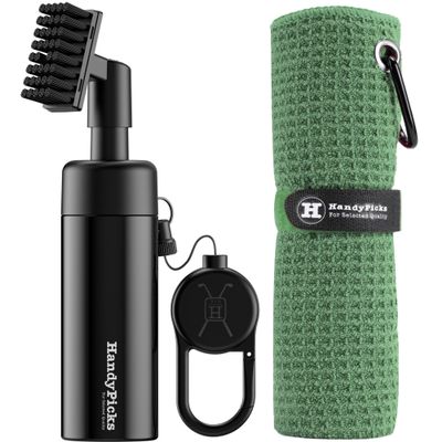 Handy Picks Golf Club Cleaner with Water, Spray Water Bottle Holds 5.5 OZ Water with Heavy Duty Metal Retractable Magnetic Clip, Waffle Microfiber Golf Towel, Ideal Golf Water Brush Combo Kit Green