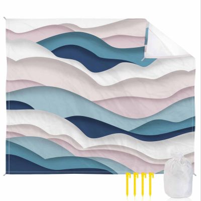 Beach Blanket Waterproof Sandproof Beach Mat, Gradient Abstract Ocean Waves Picnic Blankets with Sand Pockets & Stakes, Blue Pink White Wave Line Outdoor Pad for Seaside,Travel,Camping, 83x79IN