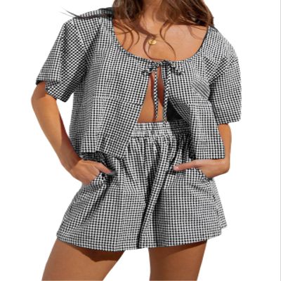 codcm Women Gingham Shorts Set Bow Tie Front Two Piece Summer Lounge Set Y2K Plaid Pajama Set(Black,X-Large