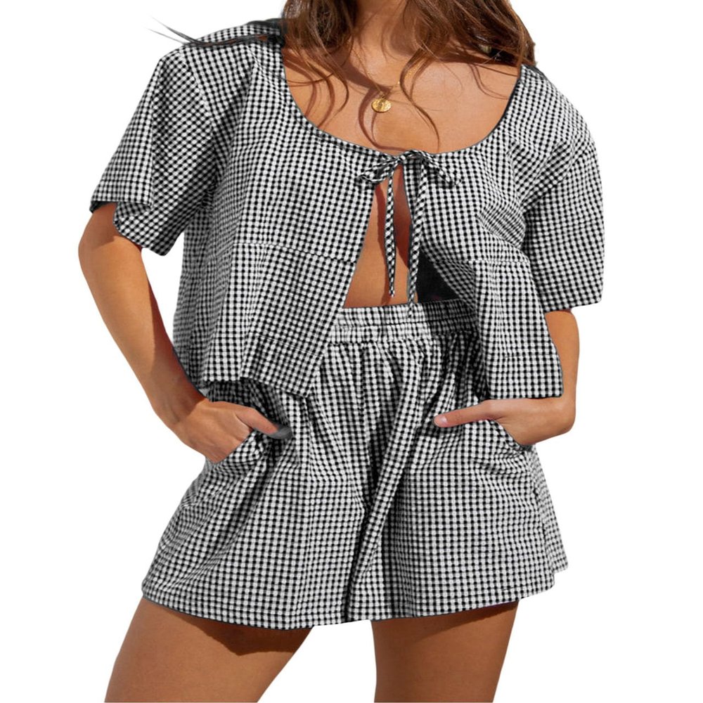 codcm Women Gingham Shorts Set Bow Tie Front Two Piece Summer Lounge Set Y2K Plaid Pajama Set(Black,X-Large