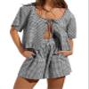 codcm Women Gingham Shorts Set Bow Tie Front Two Piece Summer Lounge Set Y2K Plaid Pajama Set(Black,X-Large view 1