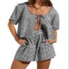 codcm Women Gingham Shorts Set Bow Tie Front Two Piece Summer Lounge Set Y2K Plaid Pajama Set(Black,X-Large view 2