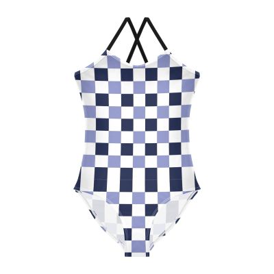 Chessboard Blue Purple Girls One Piece Swimsuits Sport Halter Swimwear Beach Bathing Suit 4T