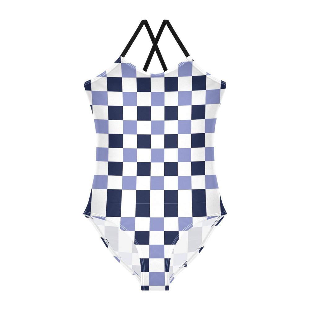 Chessboard Blue Purple Girls One Piece Swimsuits Sport Halter Swimwear Beach Bathing Suit 4T