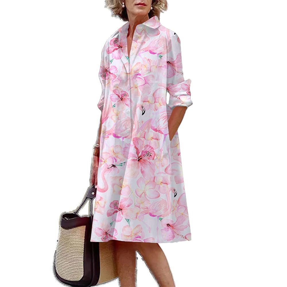Button Down Summer Shirt Dress Cotton Linen Long Sleeve V Neck Maxi Dress With Pockets Women's Casual Plain Simple T-Shirt Loose