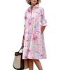 Button Down Summer Shirt Dress Cotton Linen Long Sleeve V Neck Maxi Dress With Pockets Women's Casual Plain Simple T-Shirt Loose view 1