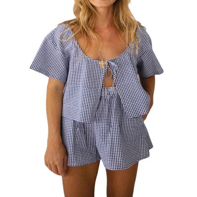 codcm Women Gingham Shorts Set Bow Tie Front Two Piece Summer Lounge Set Y2K Plaid Pajama Set(Dark Blue,Medium
