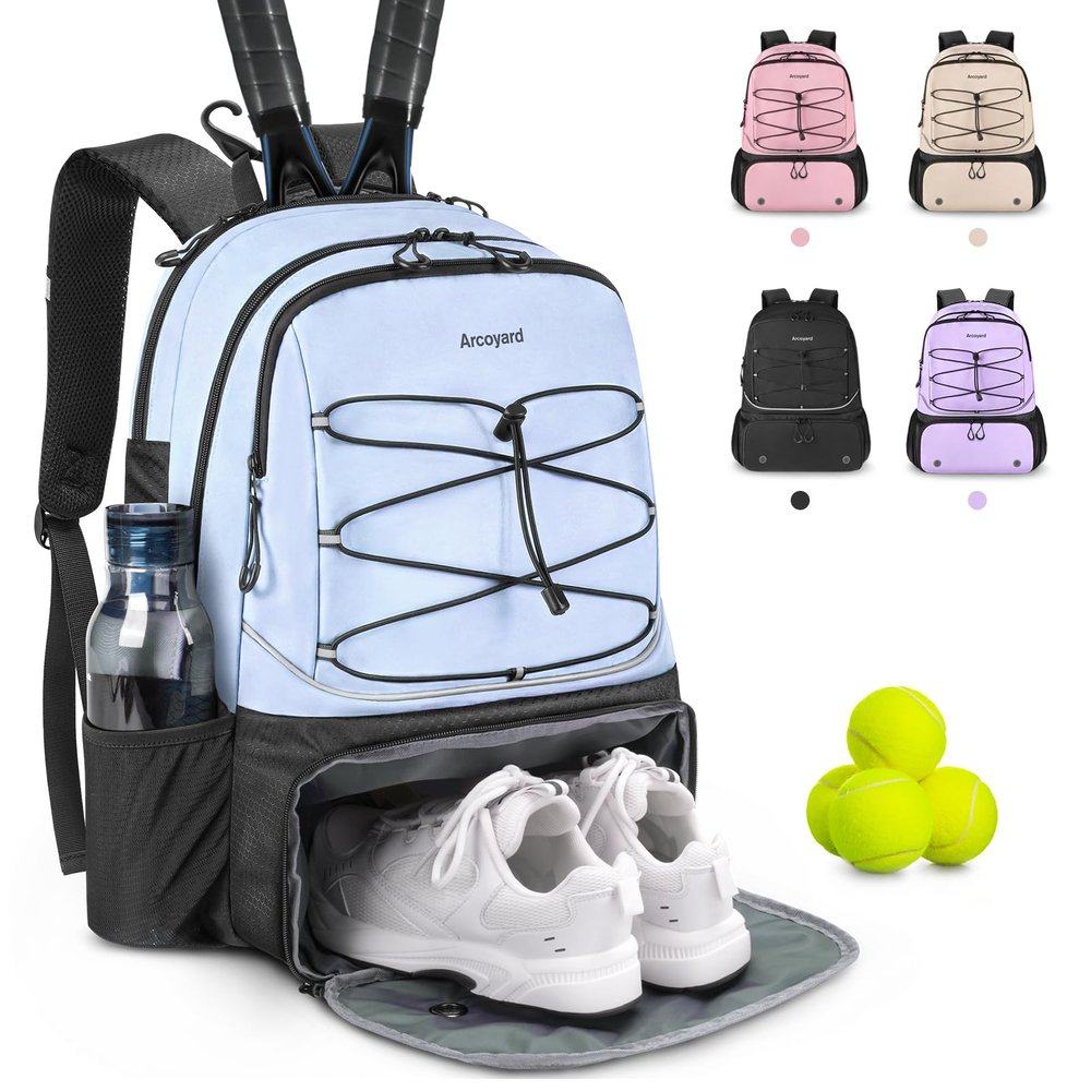 Arcoyard Tennis Bags For Women & Men, Tennis Backpack with Ventilated Shoe Compartment and Insulated Pocket, Hold 2 Rackets, Tennis Pickleball Balls and More, Blue