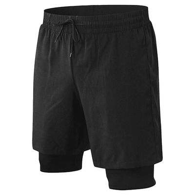 JEsilunmaMY Men's 2 in 1 Stretch Running Shorts Compression Liner Athletic Gym Shorts Lightweight Basketball Training Shorts (Black,Medium)