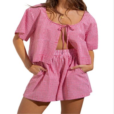 codcm Women Gingham Shorts Set Bow Tie Front Two Piece Summer Lounge Set Y2K Plaid Pajama Set(Red,Small