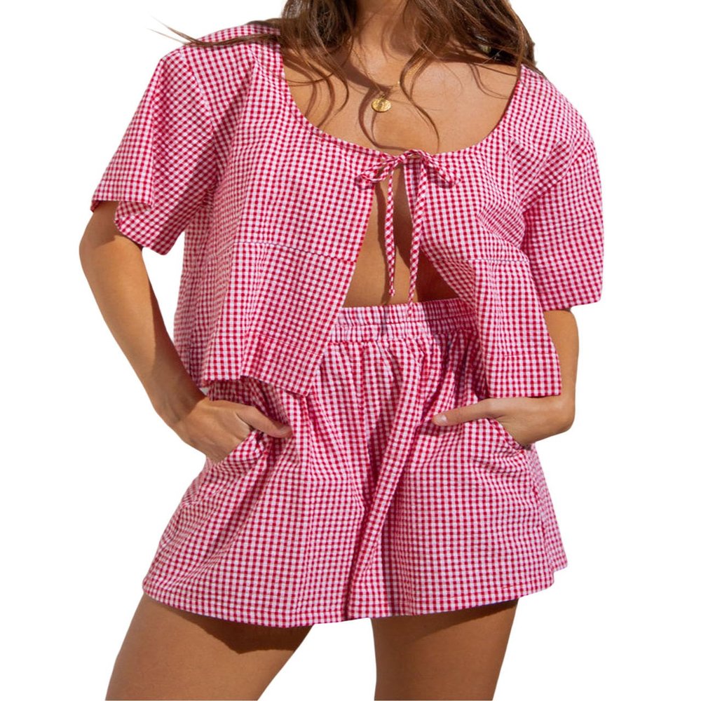 codcm Women Gingham Shorts Set Bow Tie Front Two Piece Summer Lounge Set Y2K Plaid Pajama Set(Red,Small