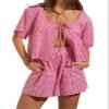codcm Women Gingham Shorts Set Bow Tie Front Two Piece Summer Lounge Set Y2K Plaid Pajama Set(Red,Small view 1