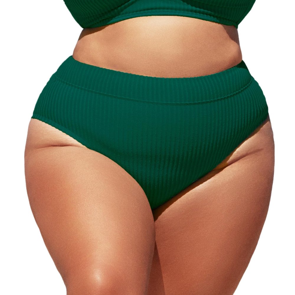 CUPSHE Women Swimsuit Plus Size Bikini Bottom High Waisted Ribbed Texture Modest Widen Band Bathing Suit, 00X Green