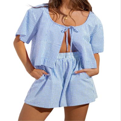 codcm Women Gingham Shorts Set Bow Tie Front Two Piece Summer Lounge Set Y2K Plaid Pajama Set(Light Blue,X-Large