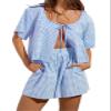 codcm Women Gingham Shorts Set Bow Tie Front Two Piece Summer Lounge Set Y2K Plaid Pajama Set(Light Blue,X-Large view 1