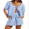 codcm Women Gingham Shorts Set Bow Tie Front Two Piece Summer Lounge Set Y2K Plaid Pajama Set(Light Blue,X-Large view 2