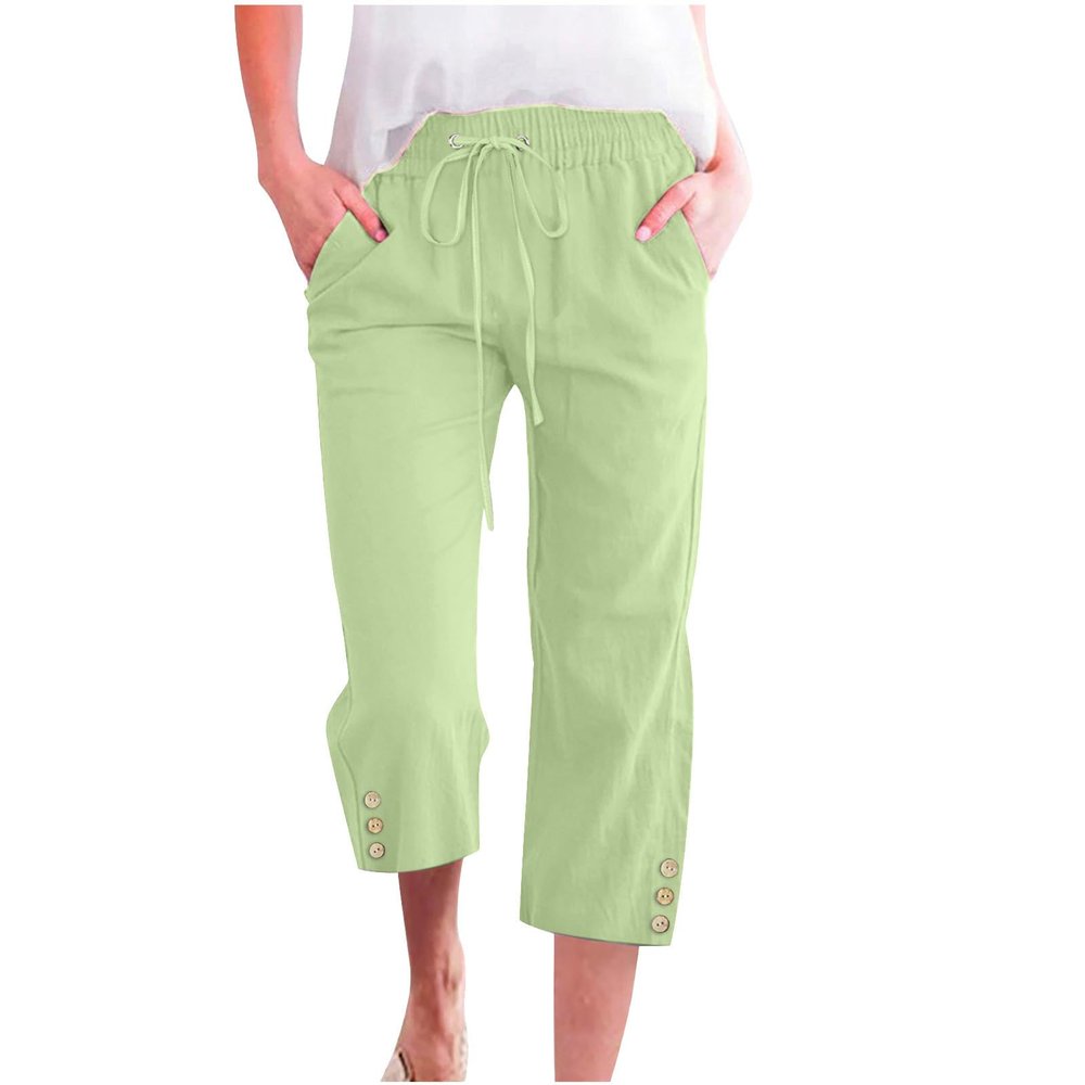 ABOUTYES Capris Pants for Women 2024 Summer Casual Stretch Cotton Linen Capri Pant Drawstring Cropped High Waisted Trousers