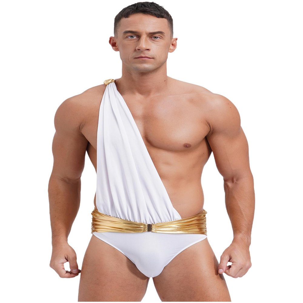 Agoky Mens Ancient Greek Roman Toga Costume One Shoulder Metallic Shiny Belt Bodysuits Outfits White Small