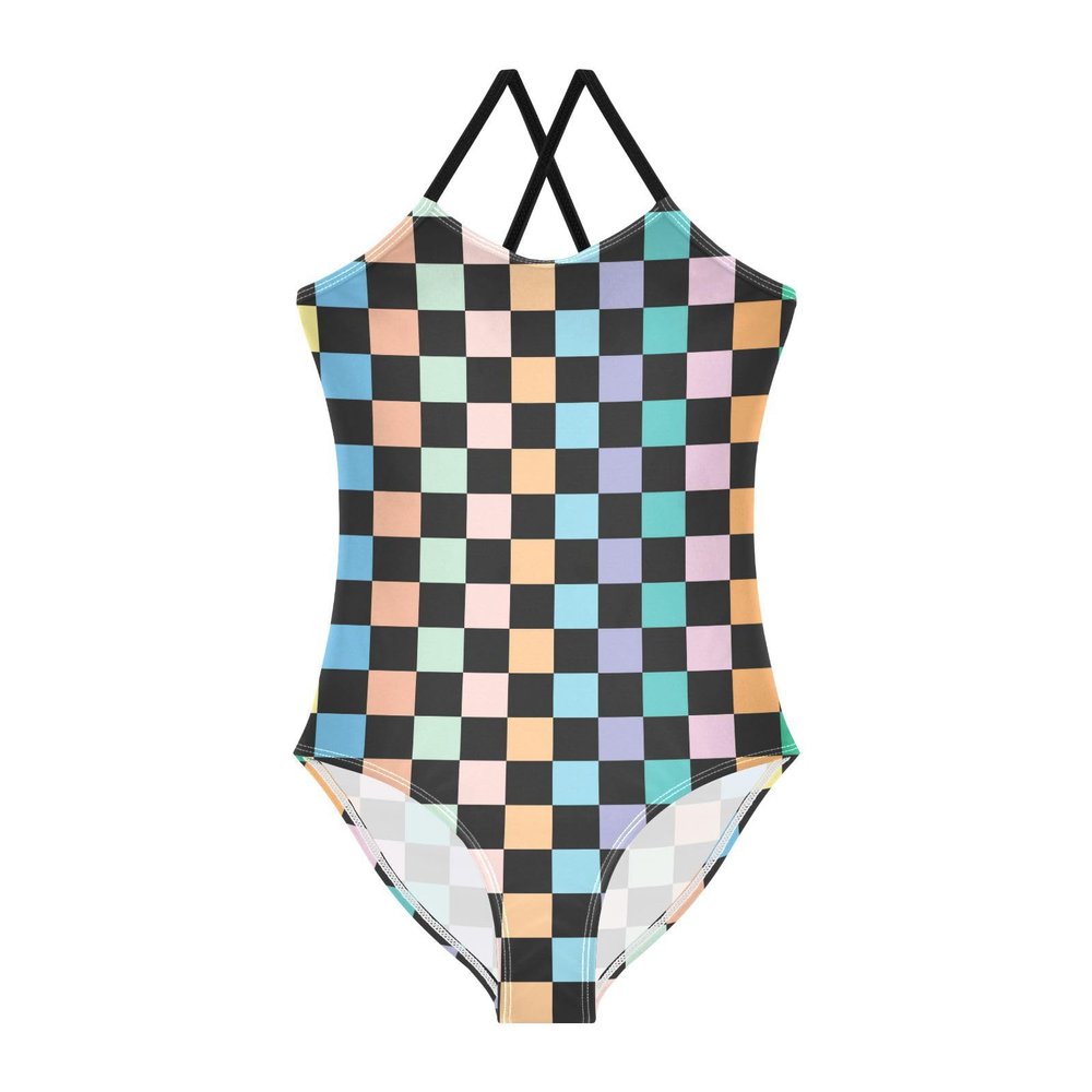 Colorful Square Girls One Piece Swimsuits Sport Halter Swimwear Beach Bathing Suit 3T