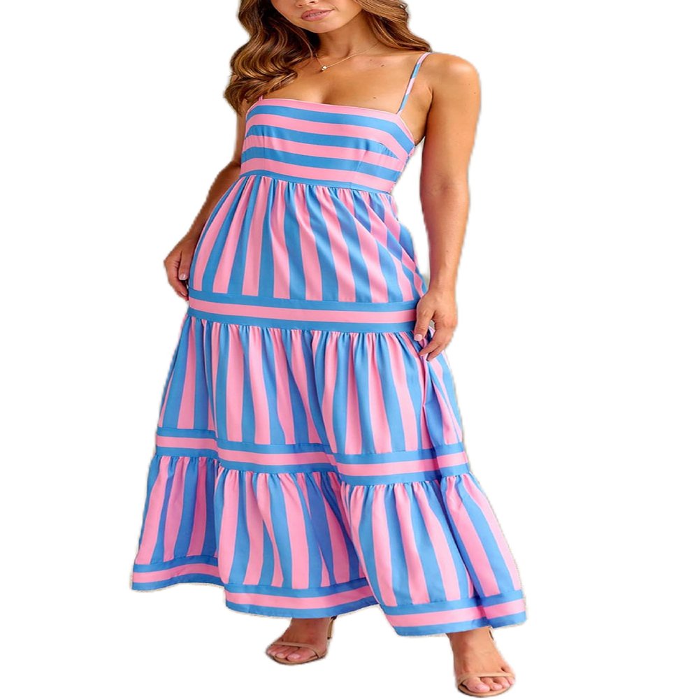 KMBANGI Women Striped Sleeveless Maxi Dress Swing Cutout Midi Dress Backless Smocked Spaghetti Strap Boho Flowy Long Sundress(Flare Pink,XL)