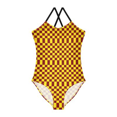 Checkerboard Maroon Yellow Girls One Piece Swimsuits Sport Halter Swimwear Beach Bathing Suit 4T