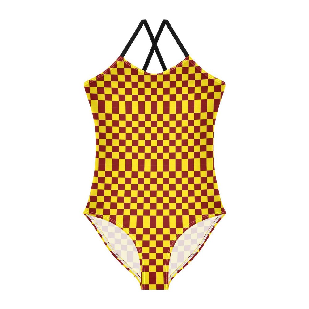 Checkerboard Maroon Yellow Girls One Piece Swimsuits Sport Halter Swimwear Beach Bathing Suit 4T