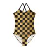 Black Gold Girls One Piece Swimsuits Squares Checkered Sport Halter Swimwear Beach Bathing Suit 7-8T