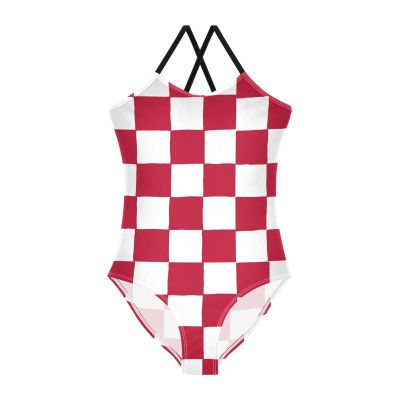 Checkerboard Girls One Piece Swimsuits Red and White Sport Halter Swimwear Beach Bathing Suit 5-6T